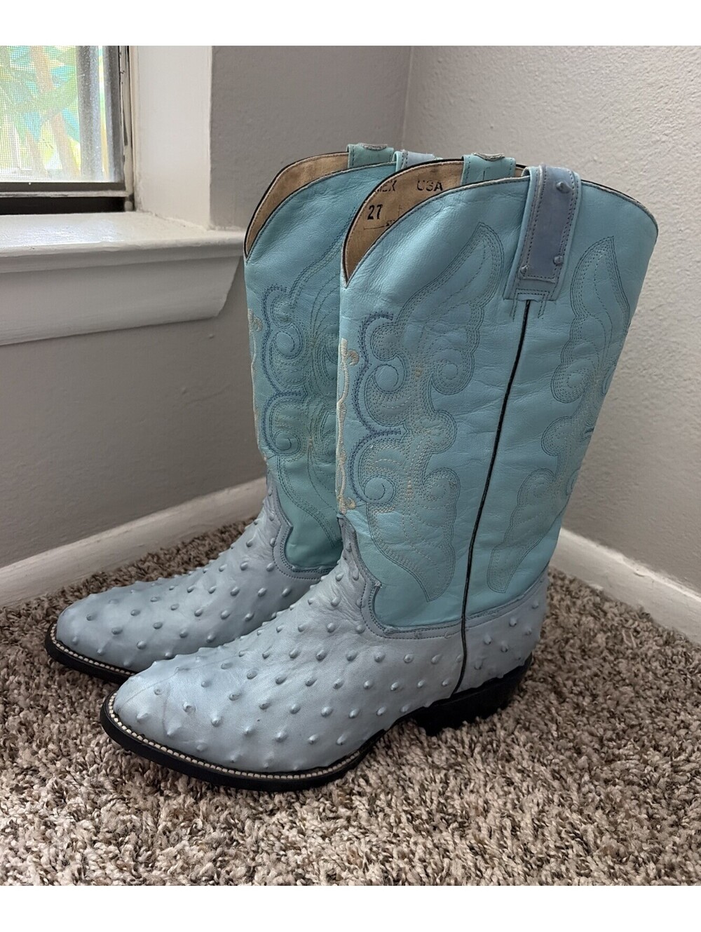 Estrada Western Exotic Boots Full Quill Ostrich Leather Powder Blue Size 8